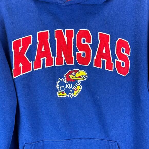 Kansas Jayhawks Hoodie Mens Medium Blue Spellout Logo NCAA Pullover VTG - Picture 5 of 11